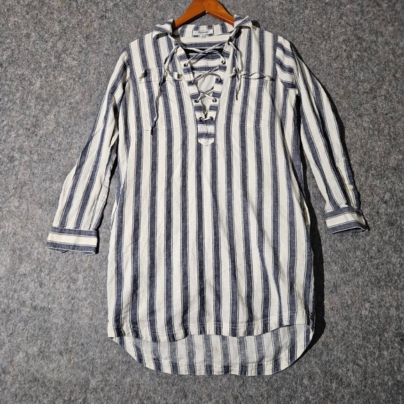 Madewell Dresses & Skirts - Madewell Striped Lace Up Tunic Dress Women XS Blue White Linen Blend G3049